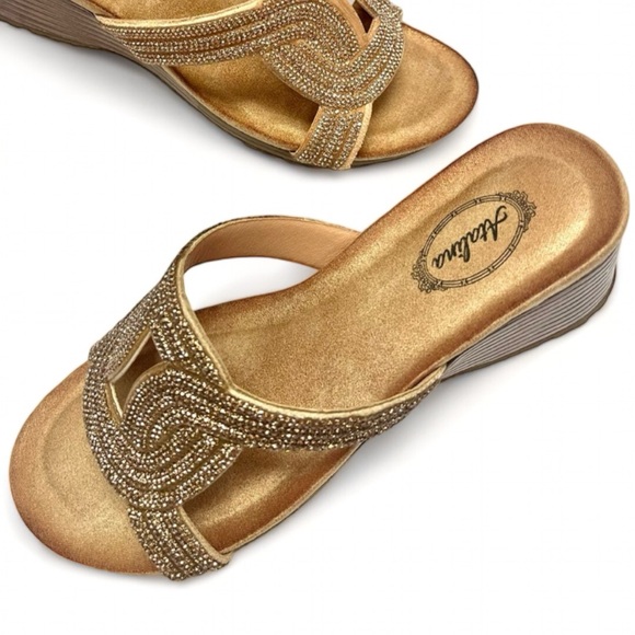 Italina Champagne Rhinestone Embellished Faux Leather Low Heeled Wedge Sandal - Picture 1 of 8